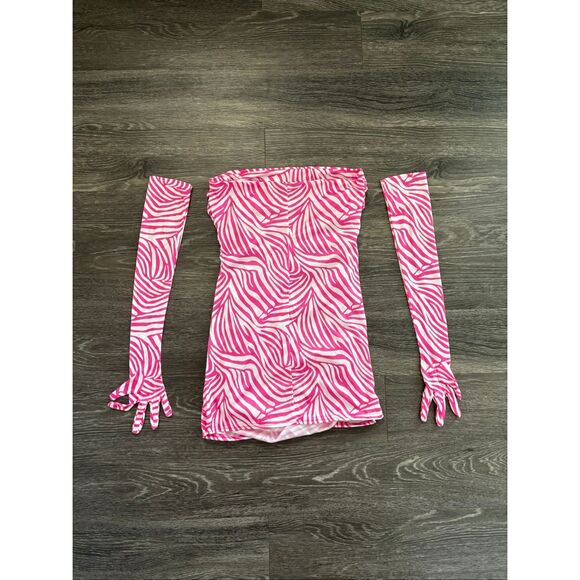 NWOT Miscreants Pink & White Zebra Cupid Mini Dress With Gloves Sz US 8 / UK 12 - Picture 3 of 4